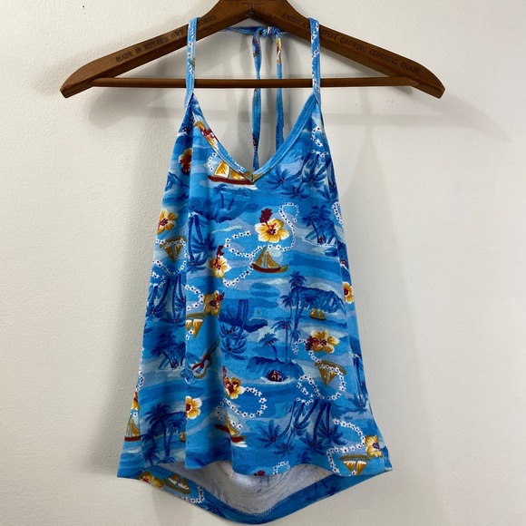 Vintage 90s Halter Top L Blue Hawaiian Surf Sailboat Palm Y2K USA NOS Festival - Picture 1 of 12
